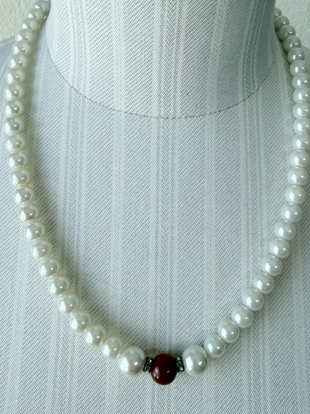 Vintage Glass Pearl Necklace Red Agate Focal Bead Rhinestone Rondelle Adjustable
